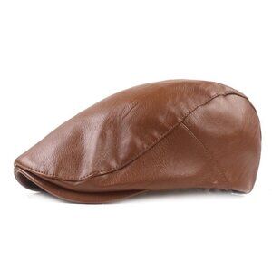 Brown Mens Faux Leather Newsboy Ivy Flat Cap Driver Hat Vintage Golf Cabby Style